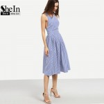 SheIn Women New Arrival Sexy Midi Dresses 2016 Summer Blue Striped Square Neck Sleeveless Crisscross Back A Line Dress