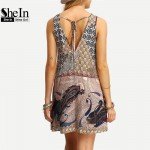 SheIn Women New Dress 2016 Summer Ladies Multicolor Round Neck Sleeveless Vintage Tribal Print V Back Straight Dress