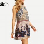 SheIn Women New Dress 2016 Summer Ladies Multicolor Round Neck Sleeveless Vintage Tribal Print V Back Straight Dress