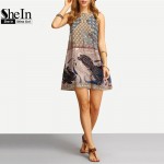 SheIn Women New Dress 2016 Summer Ladies Multicolor Round Neck Sleeveless Vintage Tribal Print V Back Straight Dress