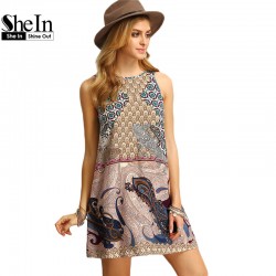 SheIn Women New Dress 2016 Summer Ladies Multicolor Round Neck Sleeveless Vintage Tribal Print V Back Straight Dress