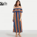 SheIn Women New Summer Beach Casual Long Dresses Ladies Multicolor Striped Short Sleeve Off The Shoulder Ruffle Dress