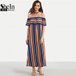 SheIn Women New Summer Beach Casual Long Dresses Ladies Multicolor Striped Short Sleeve Off The Shoulder Ruffle Dress