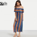 SheIn Women New Summer Beach Casual Long Dresses Ladies Multicolor Striped Short Sleeve Off The Shoulder Ruffle Dress