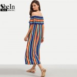 SheIn Women New Summer Beach Casual Long Dresses Ladies Multicolor Striped Short Sleeve Off The Shoulder Ruffle Dress