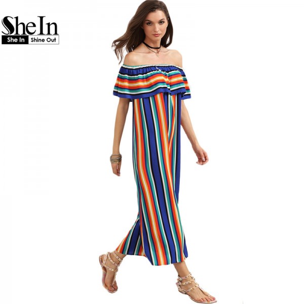 SheIn Women New Summer Beach Casual Long Dresses Ladies Multicolor Striped Short Sleeve Off The Shoulder Ruffle Dress