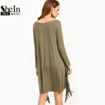 SheIn Women Plain Olive Green Long Sleeve Fringe Straight Dresses Ladies Autumn Scoop Neck Casual T-shirt Dress