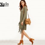 SheIn Women Plain Olive Green Long Sleeve Fringe Straight Dresses Ladies Autumn Scoop Neck Casual T-shirt Dress