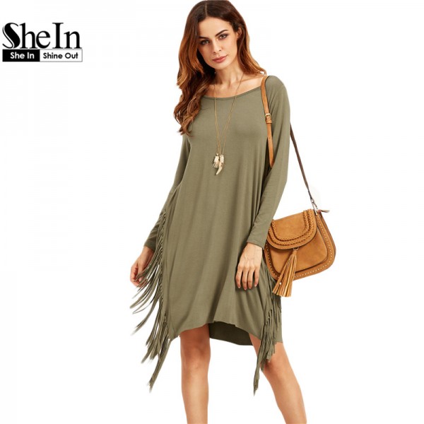 SheIn Women Plain Olive Green Long Sleeve Fringe Straight Dresses Ladies Autumn Scoop Neck Casual T-shirt Dress