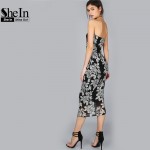 SheIn Women Summer Black Flower Print Bandeau Midi Dress Sexy Club Dress 2017 Strapless Sleeveless Elegant Dress