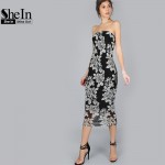 SheIn Women Summer Black Flower Print Bandeau Midi Dress Sexy Club Dress 2017 Strapless Sleeveless Elegant Dress