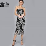 SheIn Women Summer Black Flower Print Bandeau Midi Dress Sexy Club Dress 2017 Strapless Sleeveless Elegant Dress