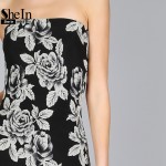 SheIn Women Summer Black Flower Print Bandeau Midi Dress Sexy Club Dress 2017 Strapless Sleeveless Elegant Dress