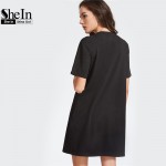 SheIn Women Summer Dresses Black Graphic Print Cut Out V Neck Tee Dress Ladies Short Sleeve Shift T-shirt Dress