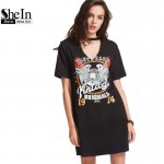 SheIn Women Summer Dresses Black Graphic Print Cut Out V Neck Tee Dress Ladies Short Sleeve Shift T-shirt Dress