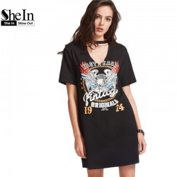 SheIn Women Summer Dresses Black Graphic Print Cut Out V Neck Tee Dress Ladies Short Sleeve Shift T-shirt Dress