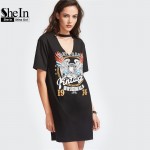 SheIn Women Summer Dresses Black Graphic Print Cut Out V Neck Tee Dress Ladies Short Sleeve Shift T-shirt Dress