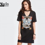 SheIn Women Summer Dresses Black Graphic Print Cut Out V Neck Tee Dress Ladies Short Sleeve Shift T-shirt Dress