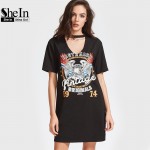 SheIn Women Summer Dresses Black Graphic Print Cut Out V Neck Tee Dress Ladies Short Sleeve Shift T-shirt Dress