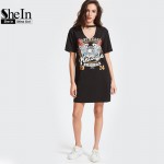 SheIn Women Summer Dresses Black Graphic Print Cut Out V Neck Tee Dress Ladies Short Sleeve Shift T-shirt Dress