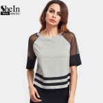 SheIn Women Tops Summer 2017 Women Clothing Heather Grey Contrast Mesh Raglan Sleeve Striped Hem Casual T-shirt