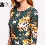 SheIn Womens Autumn Dress Bodycon Dresses New Vintage 2016 Spring Summer Office Green Mock Neck Floral Pencil Midi Dress