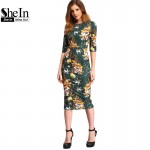 SheIn Womens Autumn Dress Bodycon Dresses New Vintage 2016 Spring Summer Office Green Mock Neck Floral Pencil Midi Dress