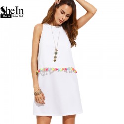 SheIn Womens Boho Dresses New Arrival Women Clothing Ladies Summer White Tassel Trim Round Neck Sleeveless A-line Tank Dress
