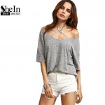 SheIn Womens Casual Tees Summer T shirt Tops Ladies Grey Ribbed Crisscross Front Half Sleeve Cold Shoulder T-shirt