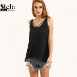 SheIn Womens Casual Tops 2016 New Summer Style Ladies Fashion Plain Black Round Neck Sleeveless Hollow Back Tank Top