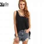 SheIn Womens Casual Tops 2016 New Summer Style Ladies Fashion Plain Black Round Neck Sleeveless Hollow Back Tank Top