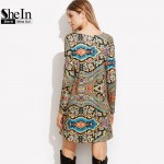 SheIn Womens Clothing Vintage Autumn Dresses for Women Multicolor Paisley Print Boat Neck Long Sleeve Tunic Dress