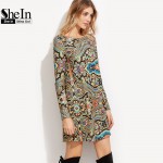 SheIn Womens Clothing Vintage Autumn Dresses for Women Multicolor Paisley Print Boat Neck Long Sleeve Tunic Dress
