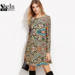 SheIn Womens Clothing Vintage Autumn Dresses for Women Multicolor Paisley Print Boat Neck Long Sleeve Tunic Dress