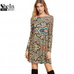 SheIn Womens Clothing Vintage Autumn Dresses for Women Multicolor Paisley Print Boat Neck Long Sleeve Tunic Dress