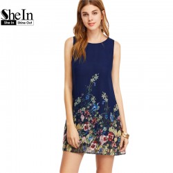 SheIn Womens Dresses New Arrival 2017 Navy Buttoned Keyhole Back Flower Print Scoop Neck Sleeveless A Line Dress