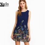 SheIn Womens Dresses New Arrival 2017 Navy Buttoned Keyhole Back Flower Print Scoop Neck Sleeveless A Line Dress