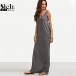 SheIn Womens Sexy Long Dresses Summer Ladies Plain Grey Sleeveless V Neck Backless Cut Out Split Shift Maxi Dress