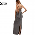 SheIn Womens Sexy Long Dresses Summer Ladies Plain Grey Sleeveless V Neck Backless Cut Out Split Shift Maxi Dress