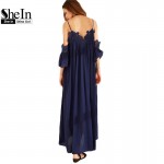 SheIn Womens Summer Beach Maxi Dresses Ladies Navy Spaghetti Strap Cold Shoulder Short Sleeve Pleated Lace Trim Shift Dress