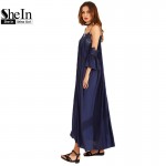 SheIn Womens Summer Beach Maxi Dresses Ladies Navy Spaghetti Strap Cold Shoulder Short Sleeve Pleated Lace Trim Shift Dress