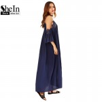 SheIn Womens Summer Beach Maxi Dresses Ladies Navy Spaghetti Strap Cold Shoulder Short Sleeve Pleated Lace Trim Shift Dress