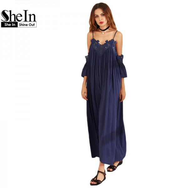 SheIn Womens Summer Beach Maxi Dresses Ladies Navy Spaghetti Strap Cold Shoulder Short Sleeve Pleated Lace Trim Shift Dress