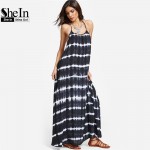 SheIn Womens Summer Dresses 2017 Navy Tie Dye Stripe Print Y Back Maxi Dress Halter Sleeveless Vintage A Line Dress