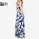 SheIn Womens Summer Maxi Dresses New Arrival Ladies Boho Dress Sleeveless Blue Halter Neck Floral Print Vintage A Line Dress