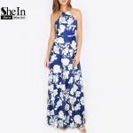 SheIn Womens Summer Maxi Dresses New Arrival Ladies Boho Dress Sleeveless Blue Halter Neck Floral Print Vintage A Line Dress