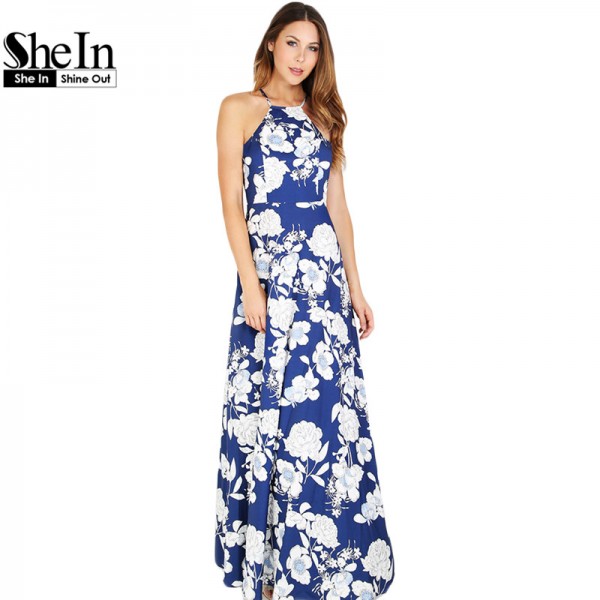 SheIn Womens Summer Maxi Dresses New Arrival Ladies Boho Dress Sleeveless Blue Halter Neck Floral Print Vintage A Line Dress