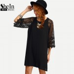 SheIn Womens Summer Shift Dresses Ladies Black Hollow Out Crochet Three Quarter Length Sleeve Round Neck Casual Tunic Dress