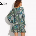 SheIn Womens Vintage Short Dresses Boho Ladies Autumn Green Ornate Patchwork Print Tie Neck Long Sleeve Shift Tunic Dress