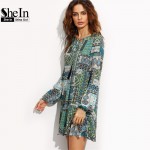 SheIn Womens Vintage Short Dresses Boho Ladies Autumn Green Ornate Patchwork Print Tie Neck Long Sleeve Shift Tunic Dress